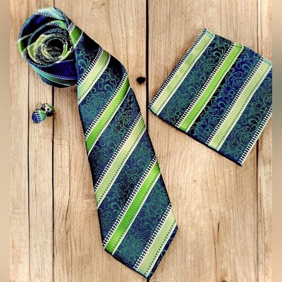 B&TOM Other - Men’s 3 Piece Tie Set Green Stripe Tie Pocket Square Cufflinks 57"x3"